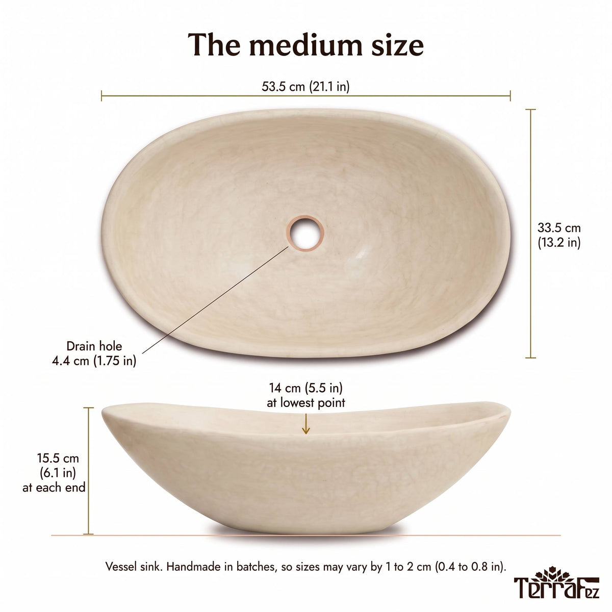 Dimensions of the medium tadelakt vessel sink: 53.5 x 33.5 cm (21.1 x 13.2 in), 14 to 15.5 cm (5.5 to 6.1 in) high, 4.4 cm (1.75 in) drain hole