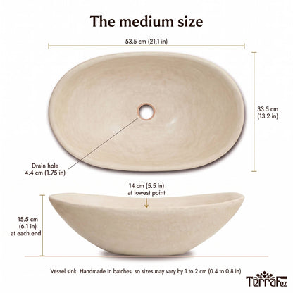 Dimensions of the medium tadelakt vessel sink: 53.5 x 33.5 cm (21.1 x 13.2 in), 14 to 15.5 cm (5.5 to 6.1 in) high, 4.4 cm (1.75 in) drain hole