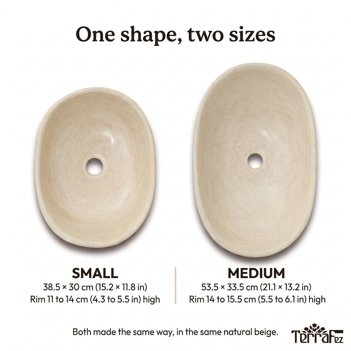 Small and medium beige tadelakt vessel sinks from above: small 38.5 x 30 cm (15.2 x 11.8 in), medium 53.5 x 33.5 cm (21.1 x 13.2 in)