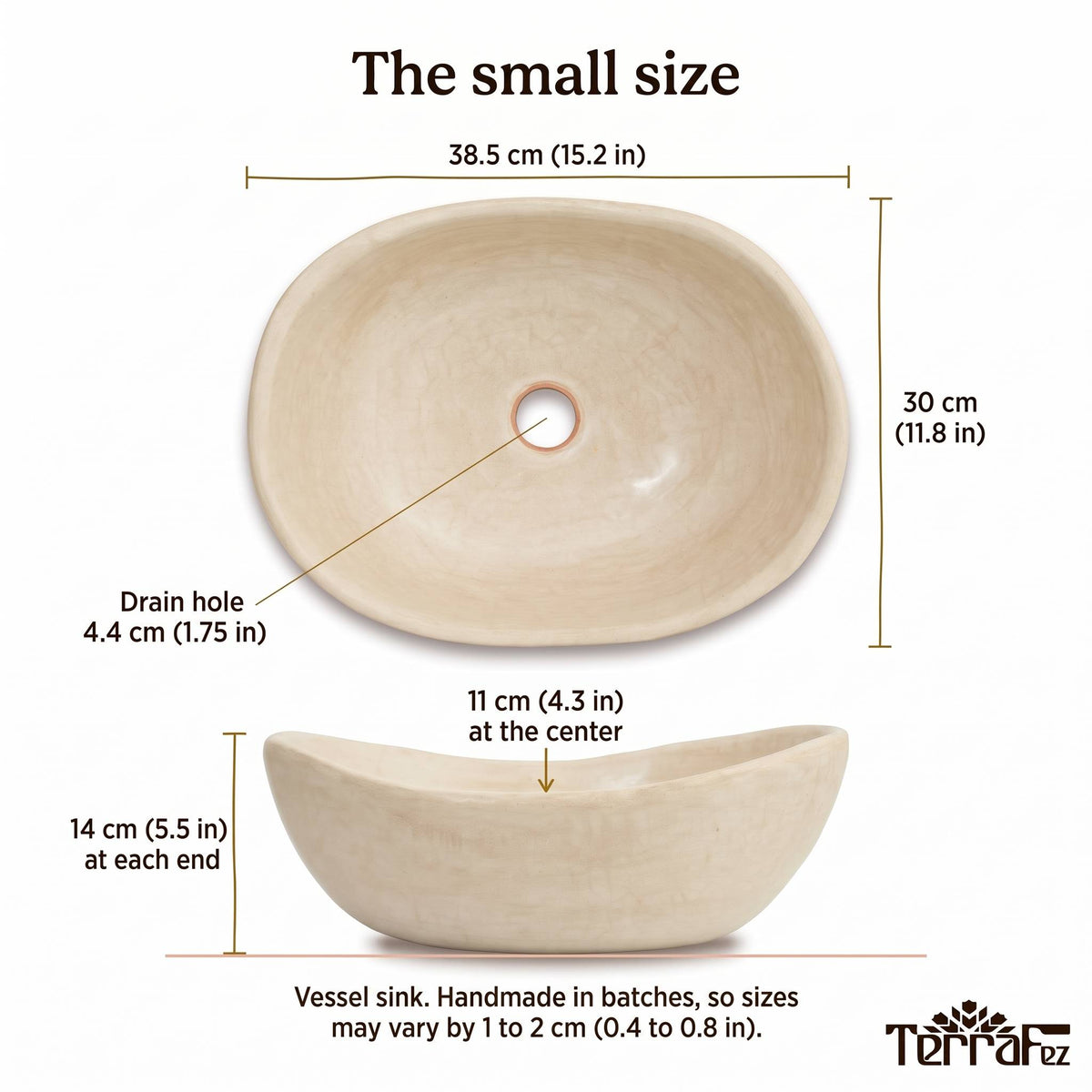 Dimensions of the small tadelakt vessel sink: 38.5 x 30 cm (15.2 x 11.8 in), 11 to 14 cm (4.3 to 5.5 in) high, 4.4 cm (1.75 in) drain hole