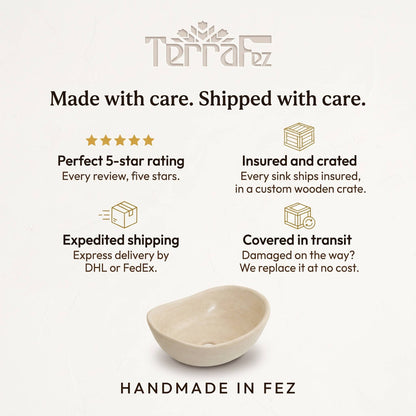 TerraFez promises with a beige tadelakt sink: perfect 5-star rating, insured wooden crate, express DHL or FedEx shipping, free replacement if damaged in transit