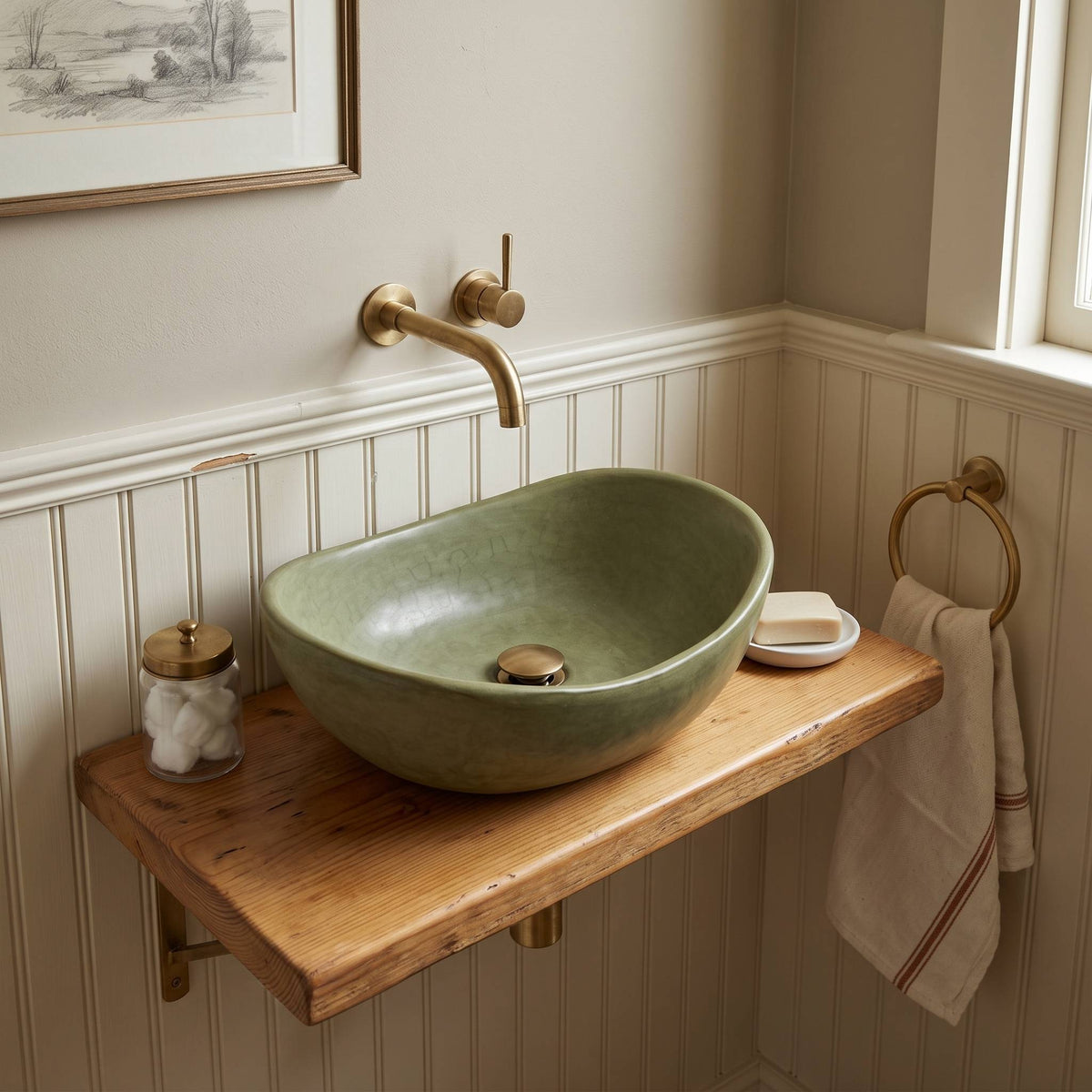 A floating wooden bathroom vanity shelf holding an olive green small Tadelakt vessel sink with a brass faucet, shown in a styled bathroom setting with a towel, soap dish, and wall paneling.