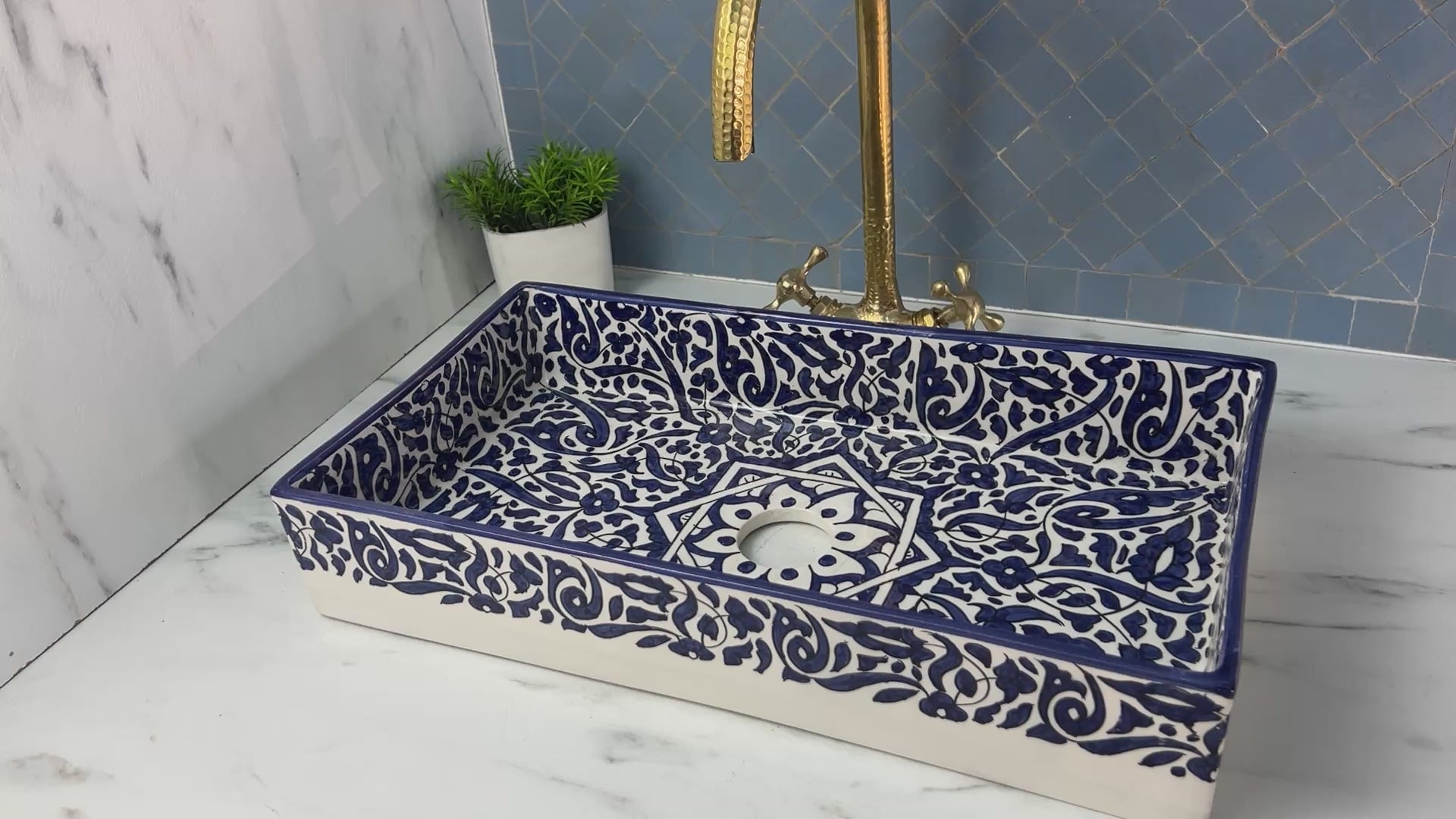 video of Rectangular ceramic Bathroom Sink, Arabesque Black White 18" Vessel Sink | TerraFez