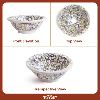 Comprehensive product documentation displaying front elevation, top view and perspective of handmade ceramic wash basin