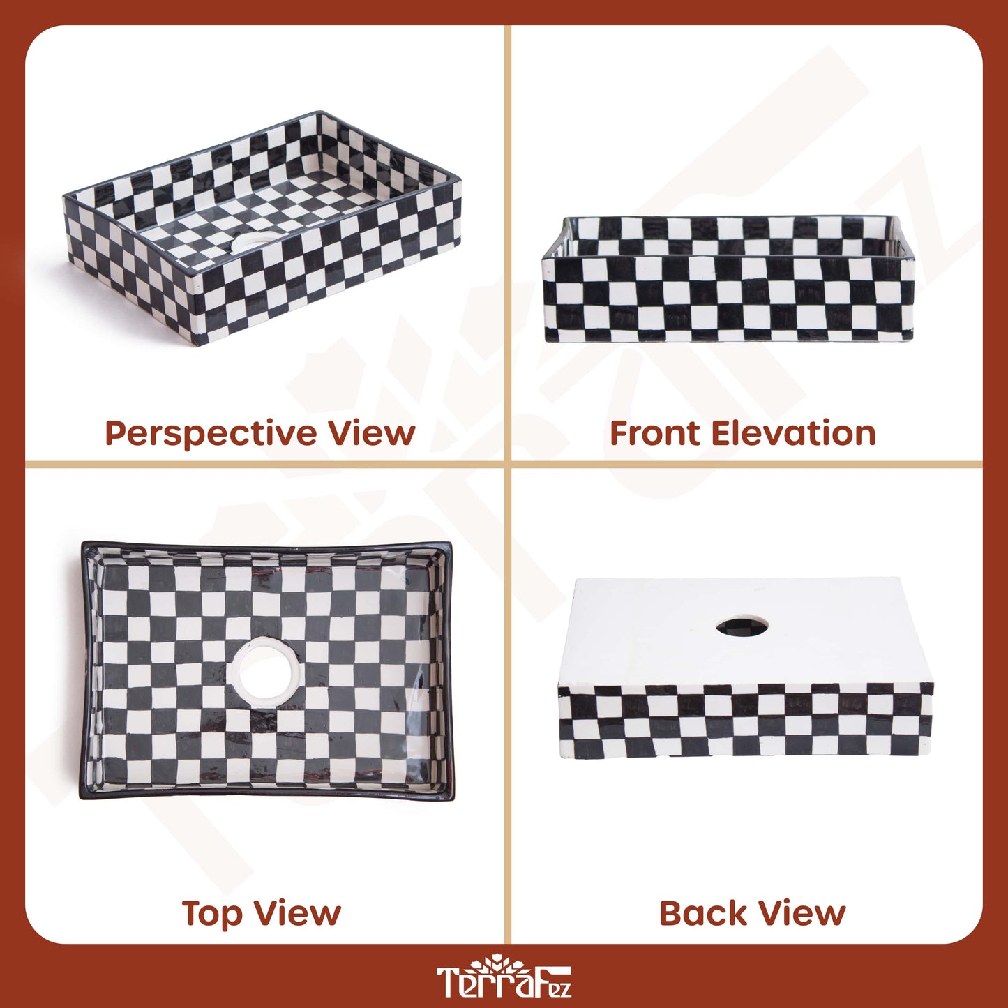 Comprehensive product documentation displaying perspective, front, top and back views of checkerboard vessel sink