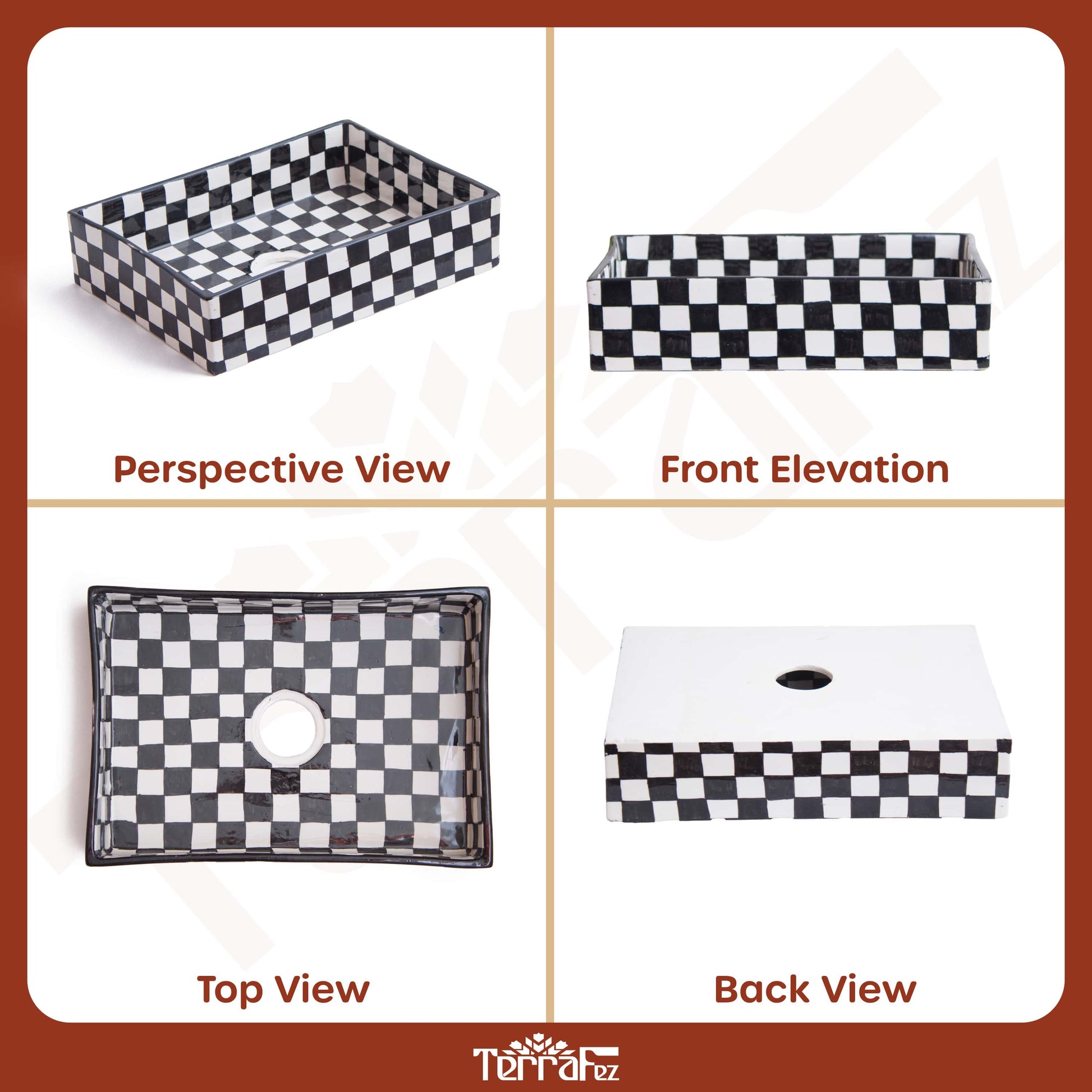 Comprehensive product documentation displaying perspective, front, top and back views of checkerboard vessel sink