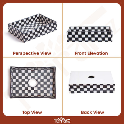 Comprehensive product documentation displaying perspective, front, top and back views of checkerboard vessel sink