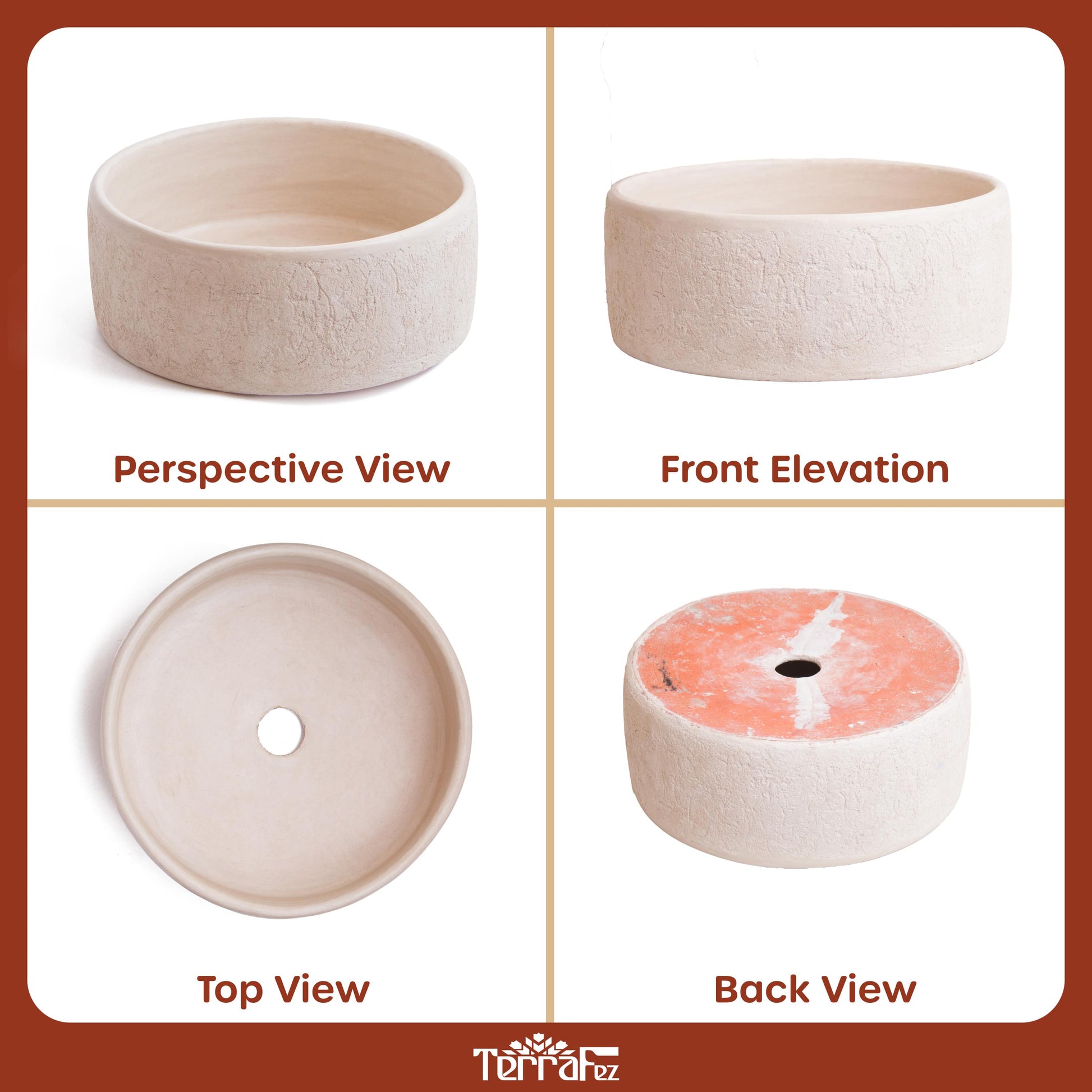 Comprehensive product documentation displaying perspective, front, top and back views of ceramic vessel sink