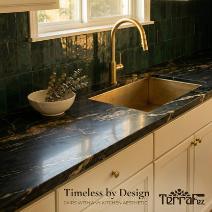 Handmade aged brass undermount kitchen sink installed in a dark veined marble countertop with cream cabinets, brass hardware, a brass gooseneck faucet, and glossy green zellige tile backsplash, demonstrating how the sink pairs with different kitchen styles.