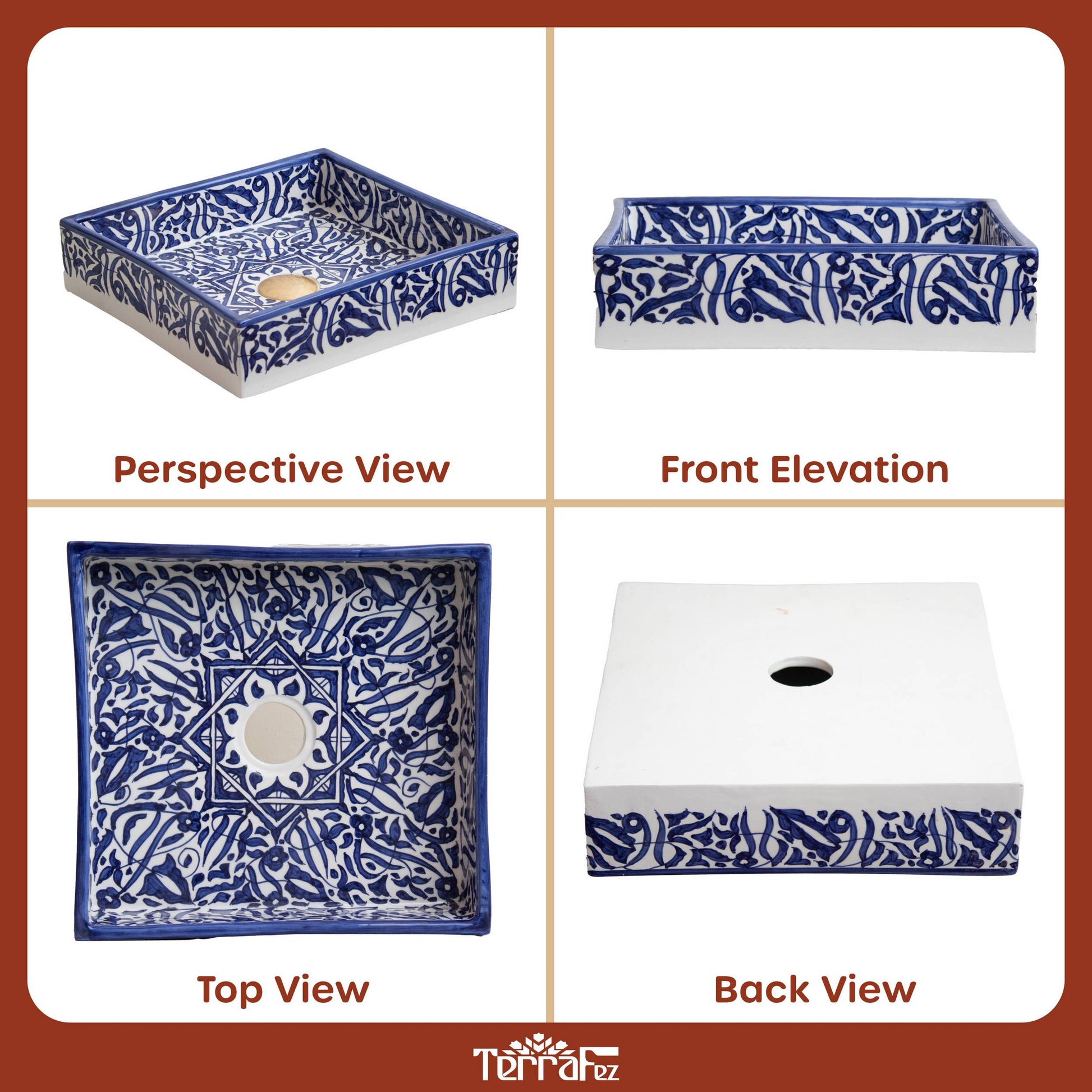 Multiple angles of handmade ceramic rectangular sink including perspective, front, top, and back views