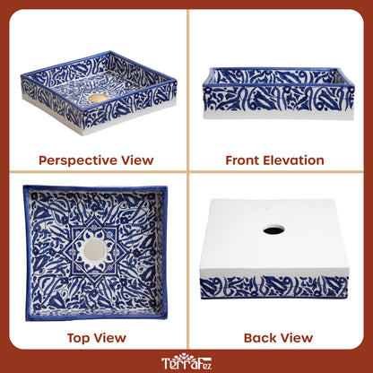 Multiple angles of handmade ceramic rectangular sink including perspective, front, top, and back views