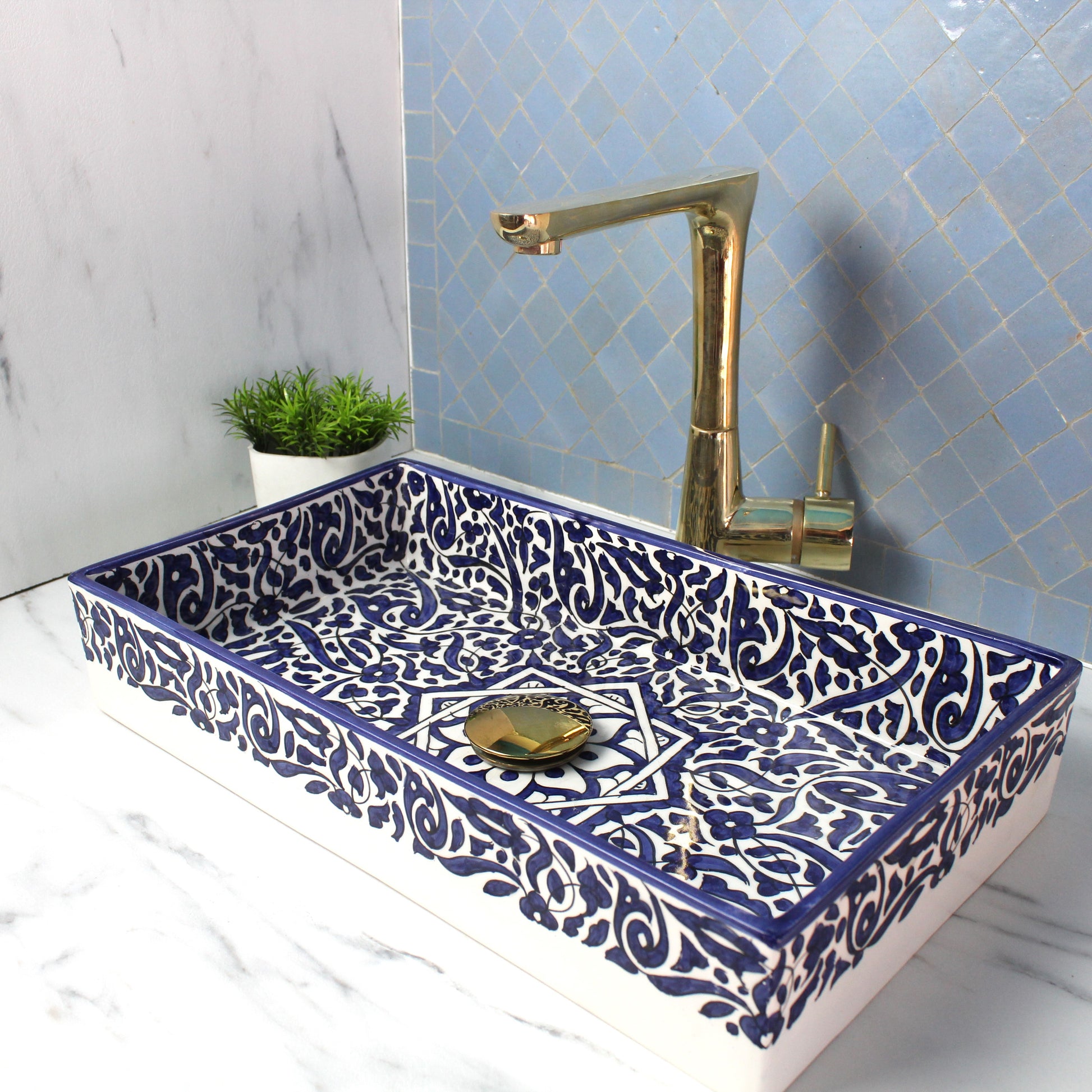Rectangular ceramic Bathroom Sink, Arabesque Black White 18" Vessel Sink | TerraFez