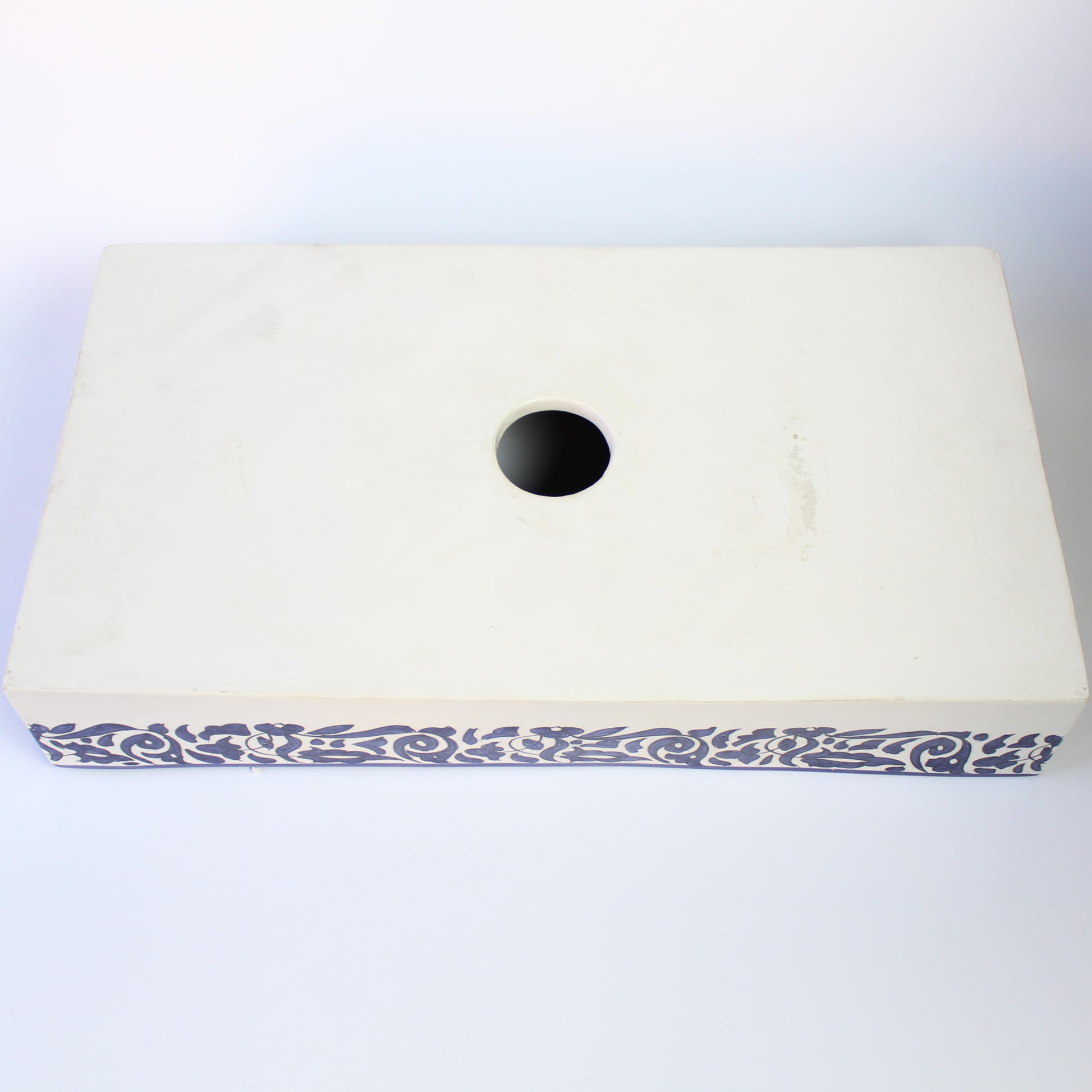 Rectangular ceramic Bathroom Sink back view, Arabesque Black White 18" Vessel Sink | TerraFez