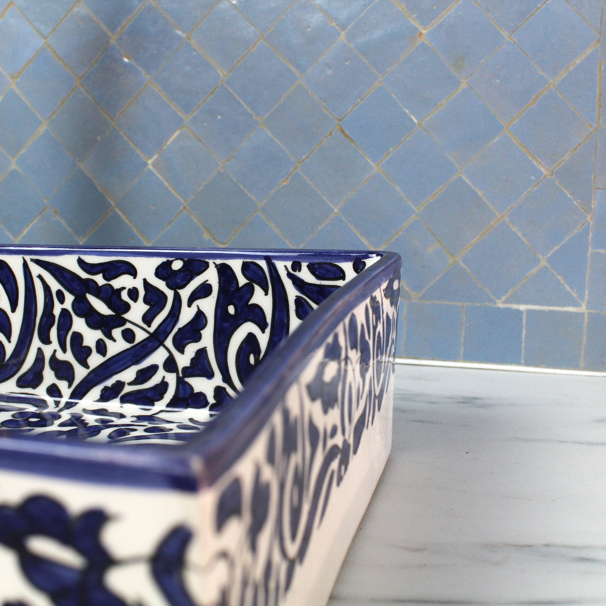Rectangular ceramic Bathroom Sink close up 2, Arabesque Black White 18" Vessel Sink | TerraFez