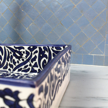 Rectangular ceramic Bathroom Sink close up 2, Arabesque Black White 18" Vessel Sink | TerraFez
