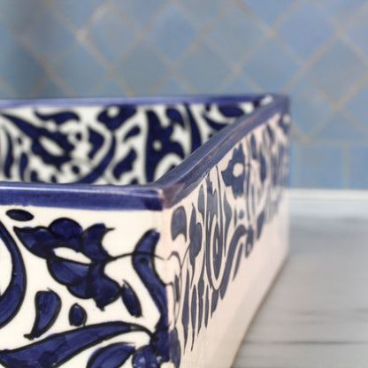 Rectangular ceramic Bathroom Sink close up 1, Arabesque Black White 18" Vessel Sink | TerraFez