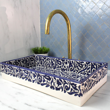 Rectangular ceramic Bathroom Sink side view, Arabesque Black White 18" Vessel Sink | TerraFez