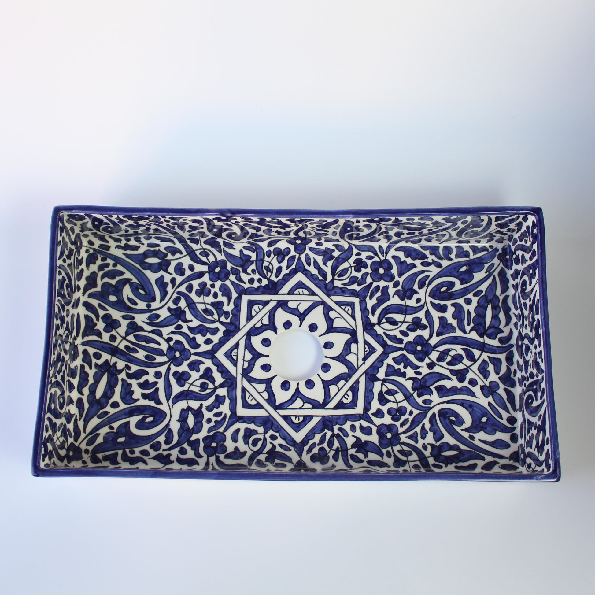 Rectangular ceramic Bathroom Sink top view, Arabesque Black White 18" Vessel Sink | TerraFez