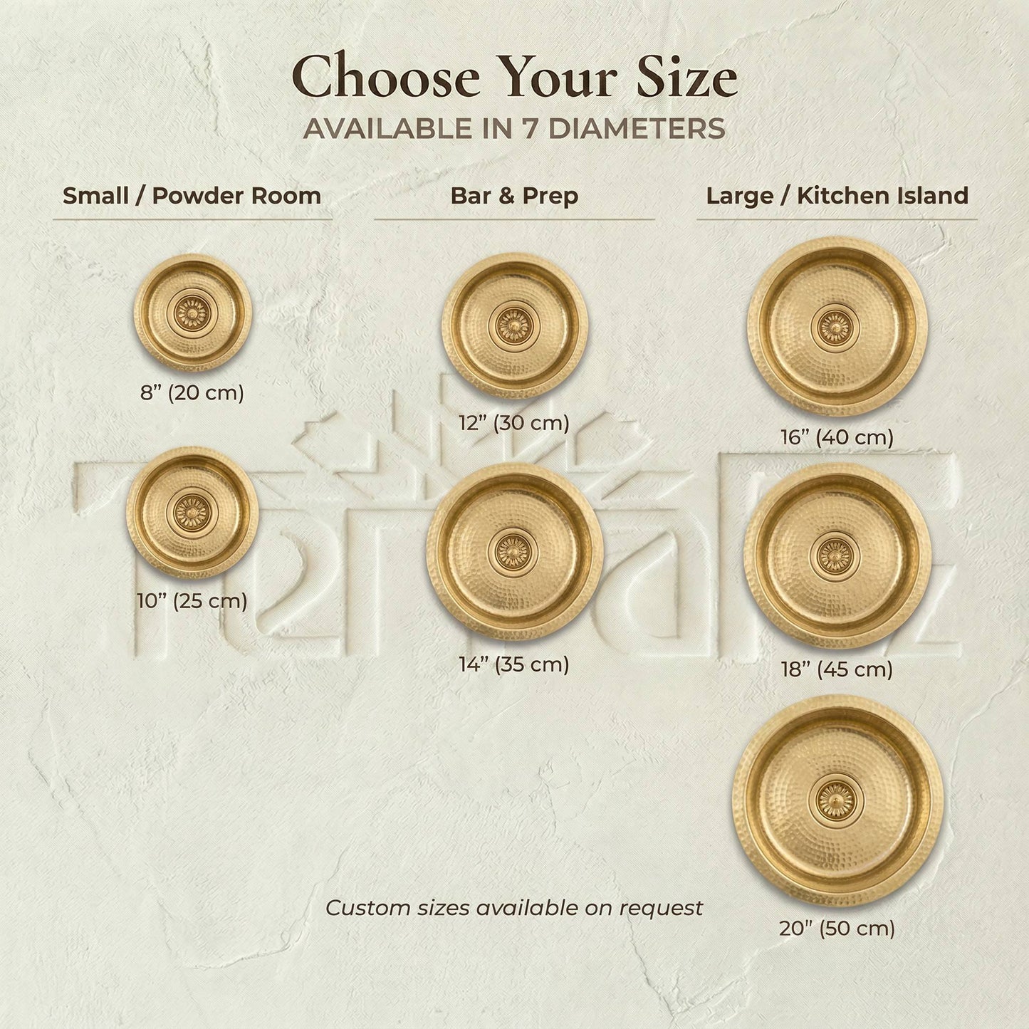 Round brass bar sink size guide showing 7 diameters from 8 to 20 inches: small for powder rooms, mid-size for bar and prep, and large for kitchen islands with custom sizes available