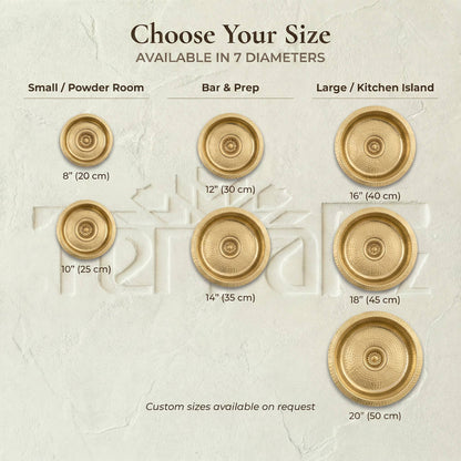 Round brass bar sink size guide showing 7 diameters from 8 to 20 inches: small for powder rooms, mid-size for bar and prep, and large for kitchen islands with custom sizes available