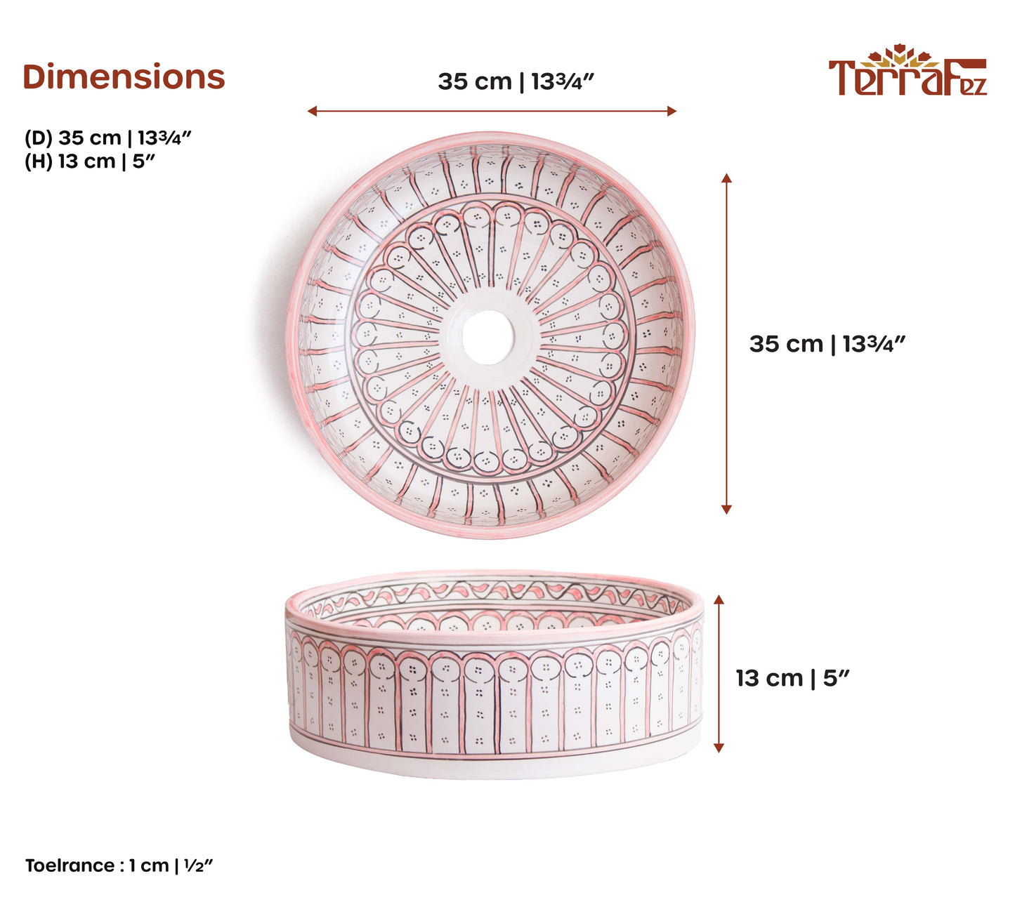 Dimensional technical diagram of round ceramic vessel sink showing 35cm diameter and 13cm height with coral pink Moorish arch patterns