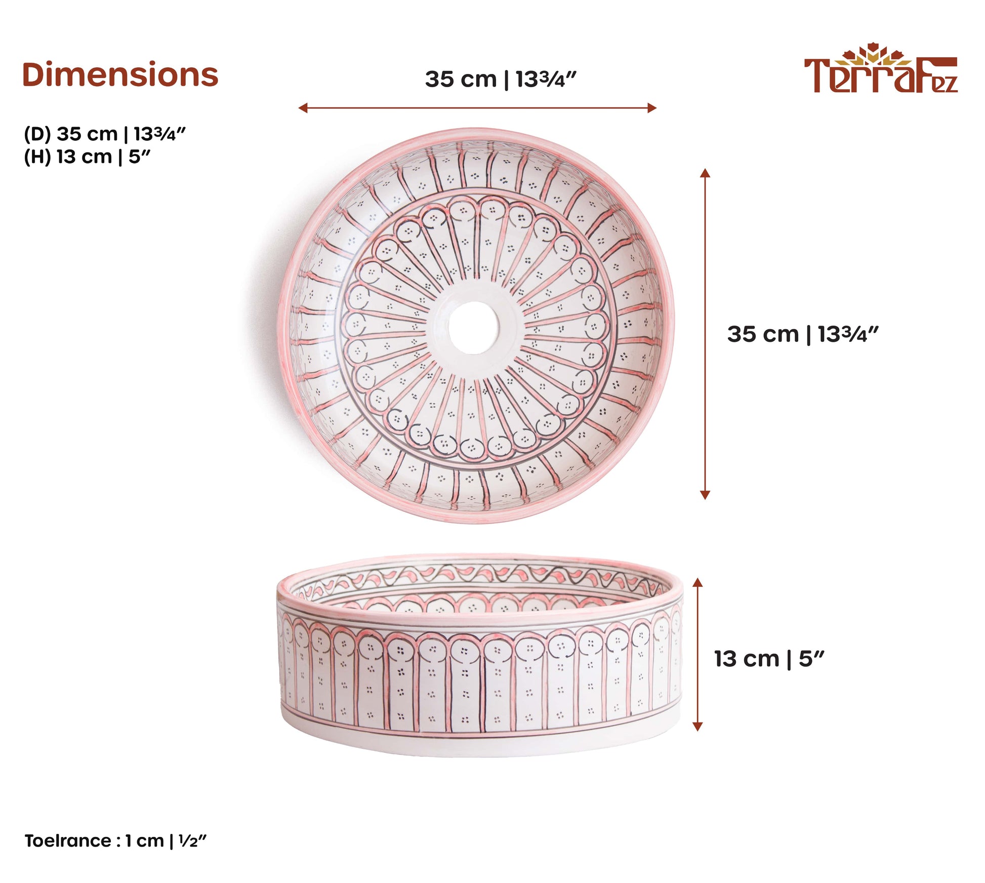 Dimensional technical diagram of round ceramic vessel sink showing 35cm diameter and 13cm height with coral pink Moorish arch patterns