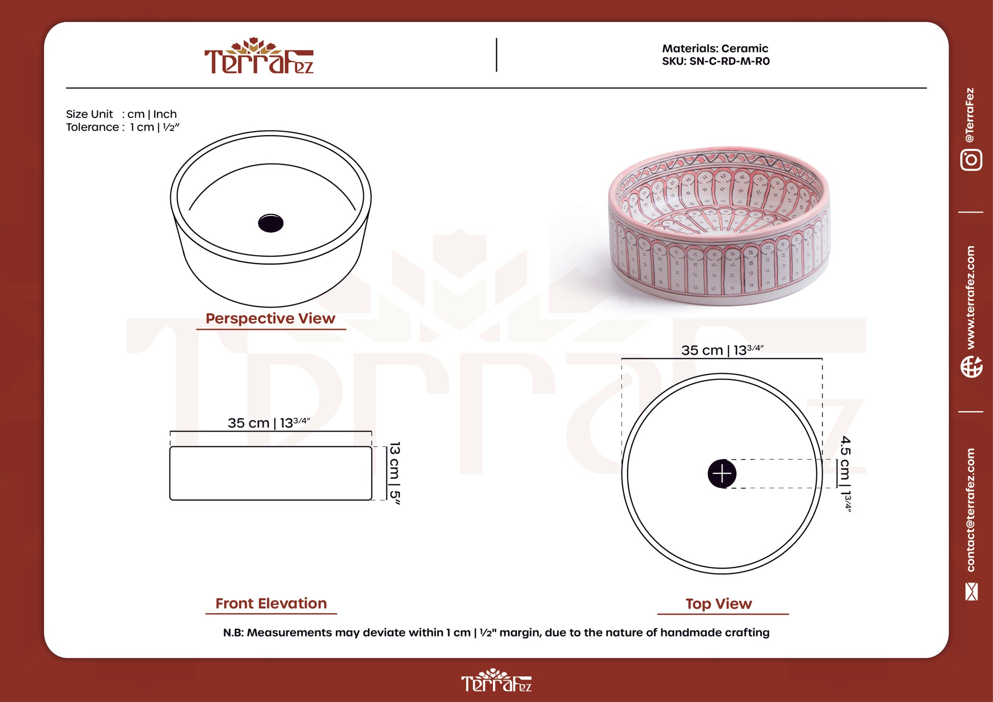 Technical specification document for handmade Moroccan round ceramic basin showing engineering drawings and product photo