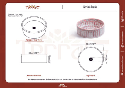 Technical specification document for handmade Moroccan round ceramic basin showing engineering drawings and product photo