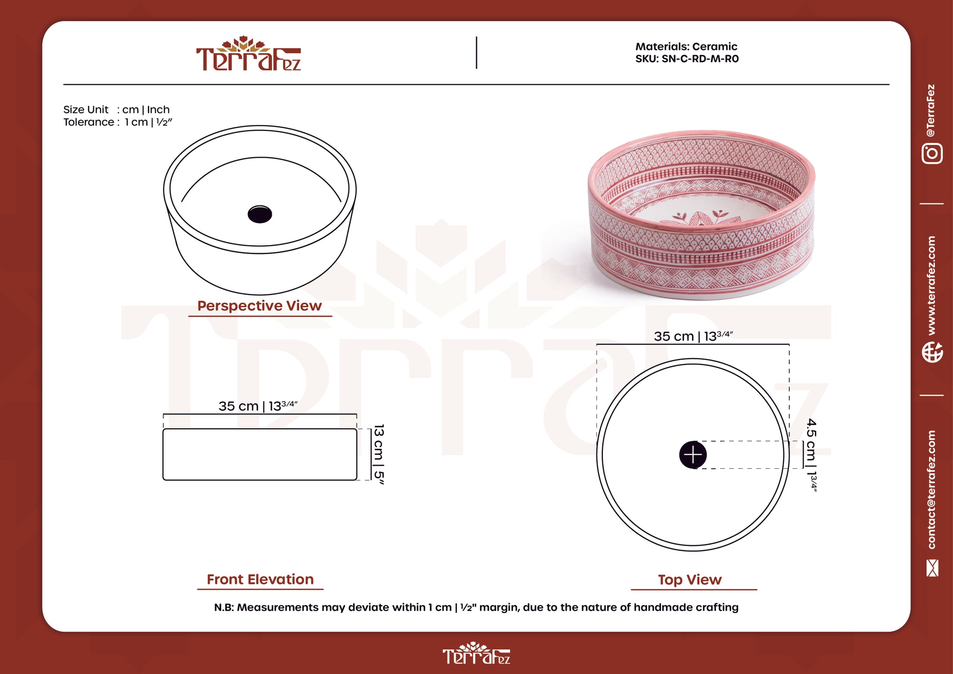 Technical specification document for handmade Moroccan round ceramic basin showing engineering drawings and product photo