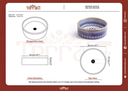 Technical specification document for handmade Moroccan round ceramic basin showing engineering drawings and product photo