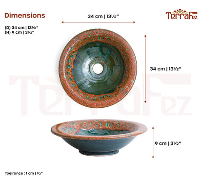 Product dimensions for 34cm handmade ceramic vessel sink showing top and side measurements