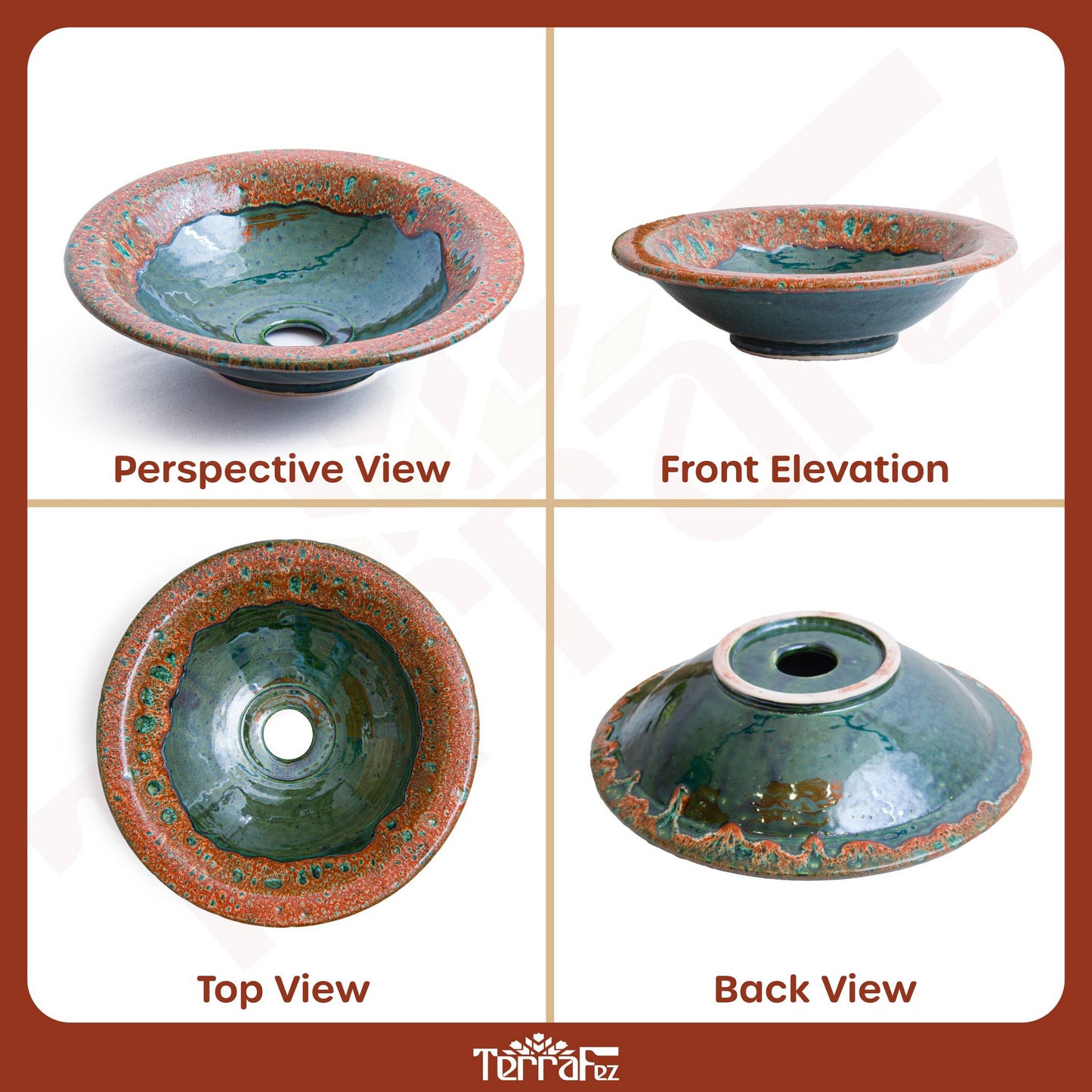 Multiple angles of handmade ceramic vessel sink including perspective, front, top, and back views