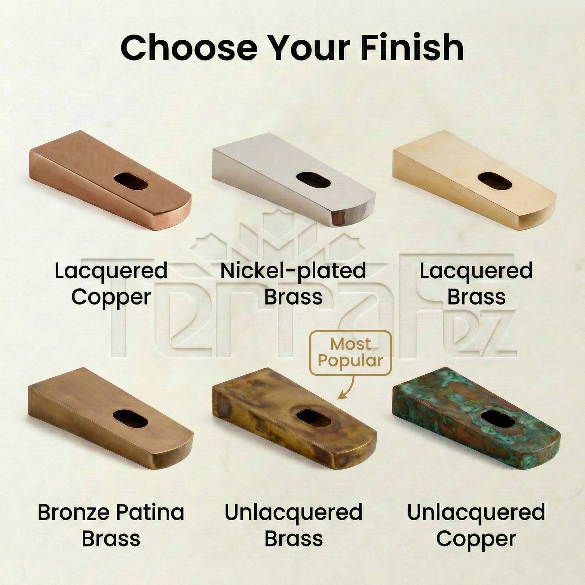 Six available finishes for handmade sink support bracket: lacquered copper, nickel-plated brass, lacquered brass, bronze patina, unlacquered brass, and unlacquered copper