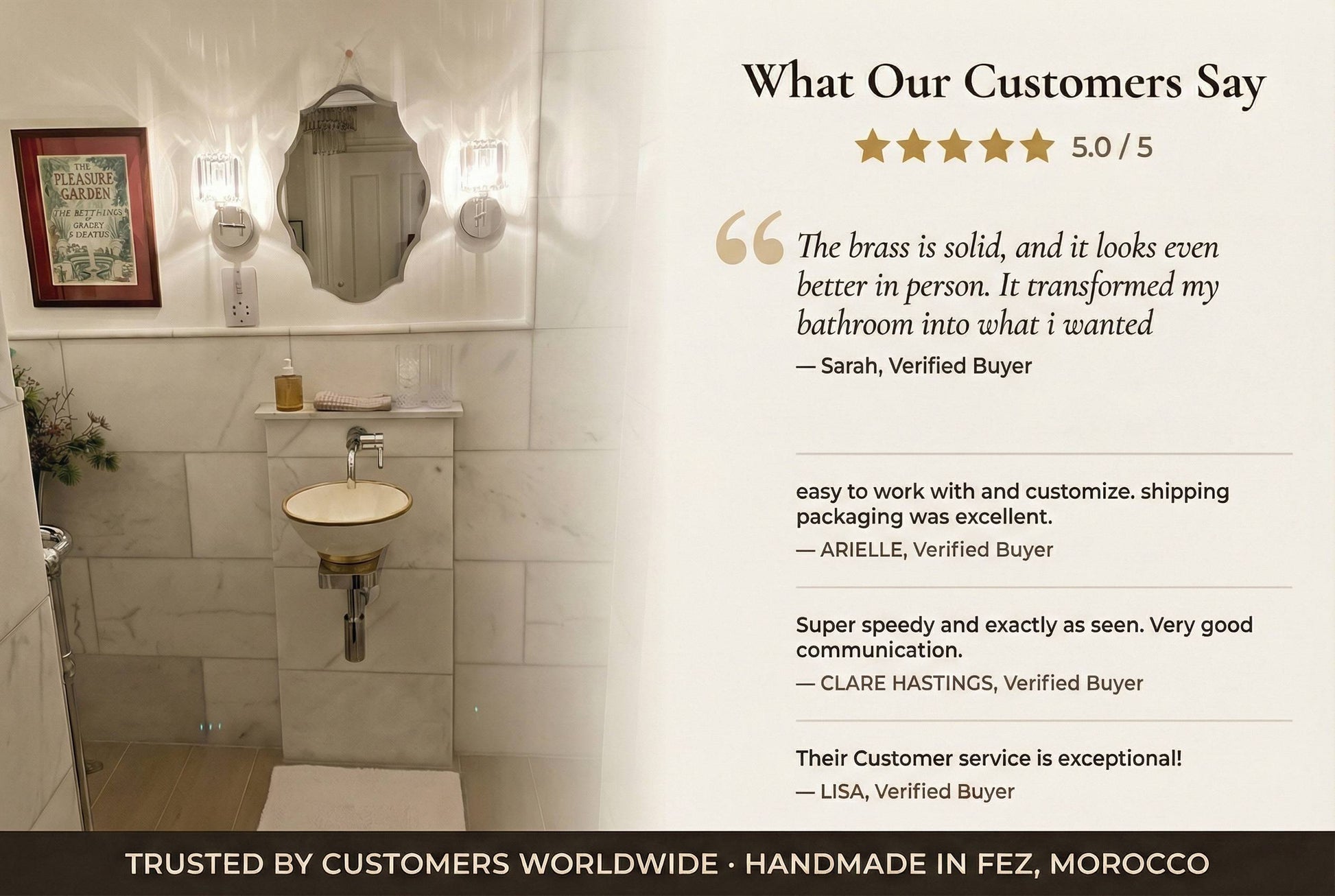 Customer reviews and installed bathroom photo for handmade brass sink bracket, rated 5 out of 5 stars by verified buyers