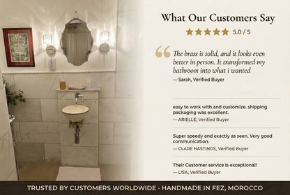 Customer reviews and installed bathroom photo for handmade brass sink bracket, rated 5 out of 5 stars by verified buyers