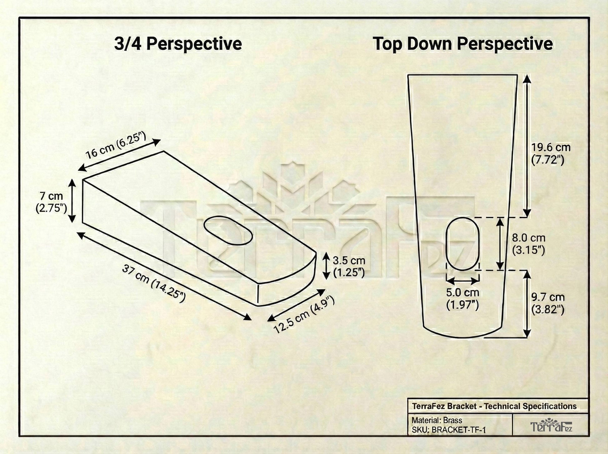 Technical specification drawing of sink support bracket showing 3/4 perspective and top-down view with detailed measurements