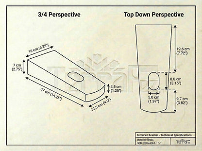 Technical specification drawing of sink support bracket showing 3/4 perspective and top-down view with detailed measurements
