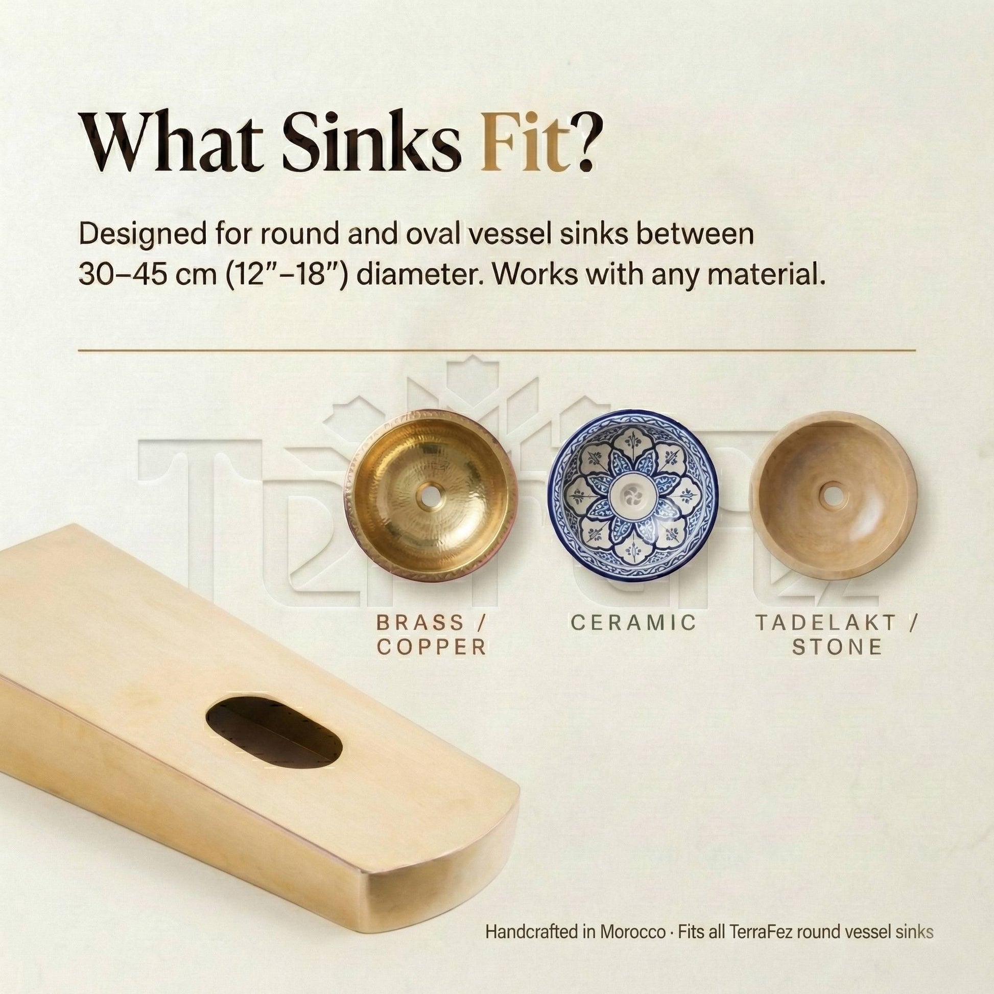 Brass sink bracket compatibility guide showing it fits 30-45cm round and oval vessel sinks in brass, copper, ceramic, tadelakt, and stone