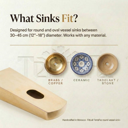 Brass sink bracket compatibility guide showing it fits 30-45cm round and oval vessel sinks in brass, copper, ceramic, tadelakt, and stone