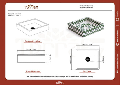 Technical specification document for handmade Moroccan square ceramic basin showing 36cm dimensions with perspective, front elevation and top view drawings