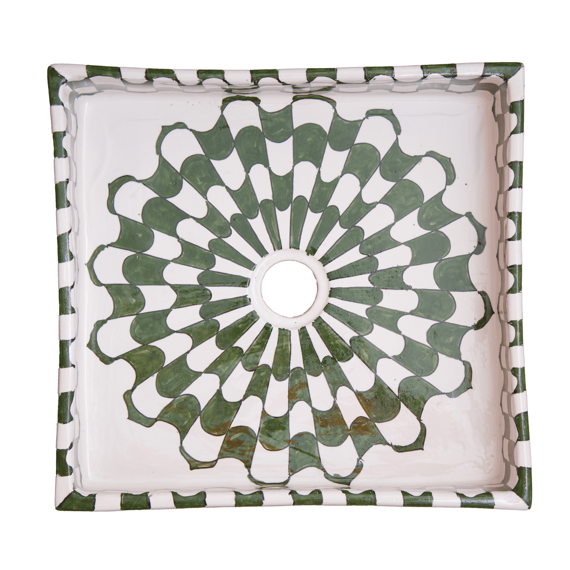 Overhead view of Moroccan square ceramic basin displaying full radial geometric pattern with central drain opening