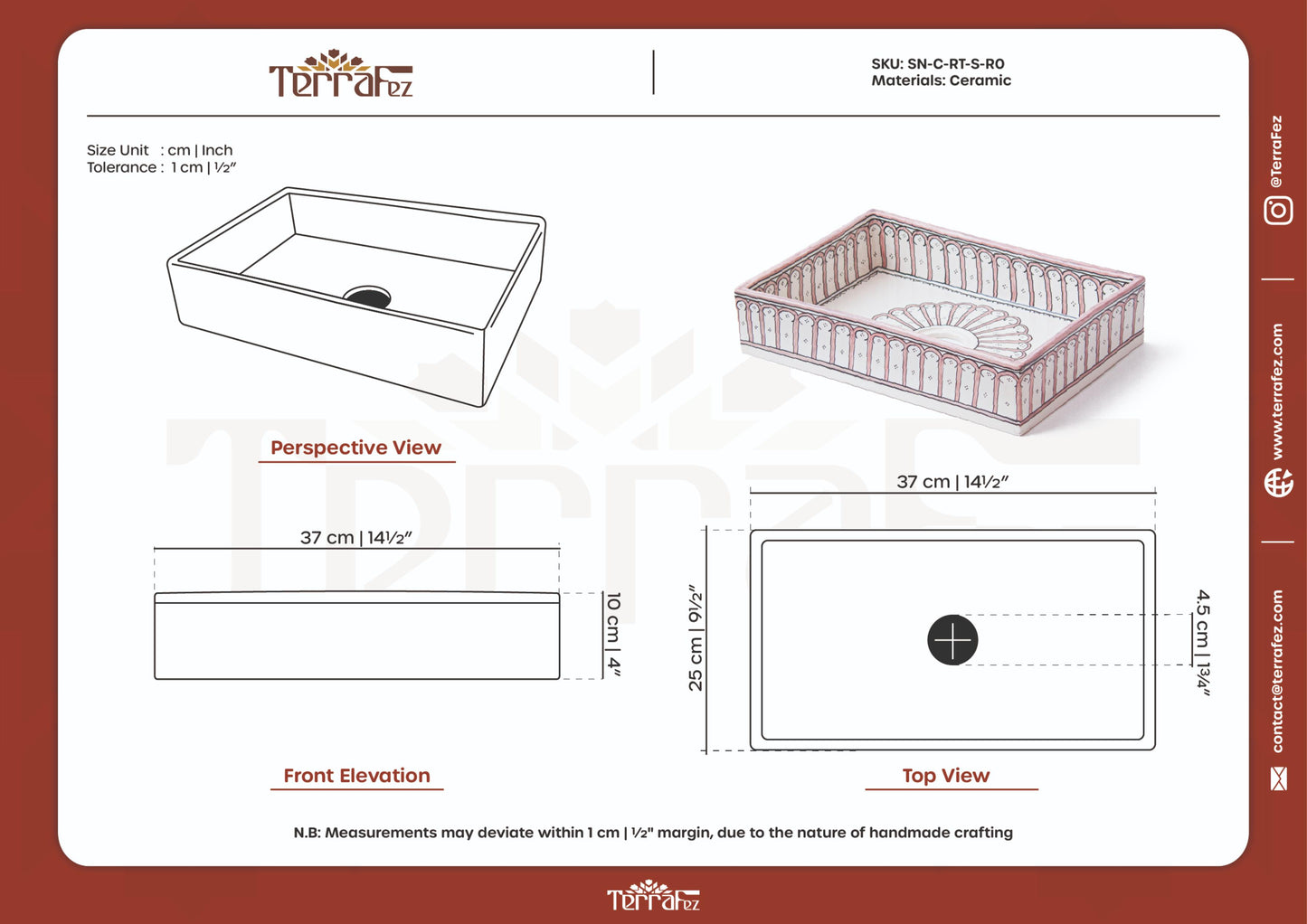 Comprehensive technical drawing sheet showing front elevation, top view, and perspective views with precise measurements of ceramic bathroom sink