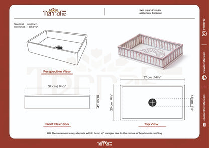 Comprehensive technical drawing sheet showing front elevation, top view, and perspective views with precise measurements of ceramic bathroom sink