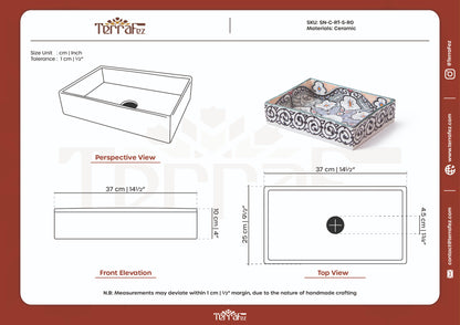 Comprehensive technical drawing sheet showing front elevation, top view, and perspective views with precise measurements of ceramic bathroom sink