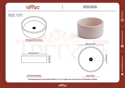 Comprehensive technical drawing sheet showing perspective view, front elevation, and top view with precise measurements of round ceramic sink