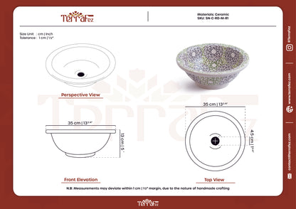 Professional technical drawings showing front elevation, top view and perspective measurements of ceramic basin
