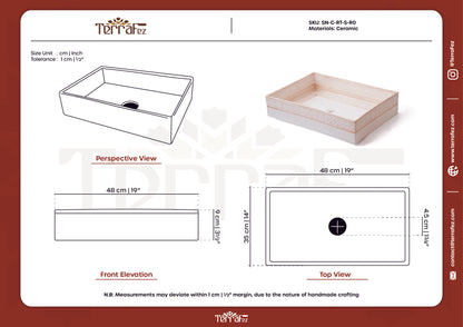 Professional technical drawings showing perspective, front elevation and top view with measurements