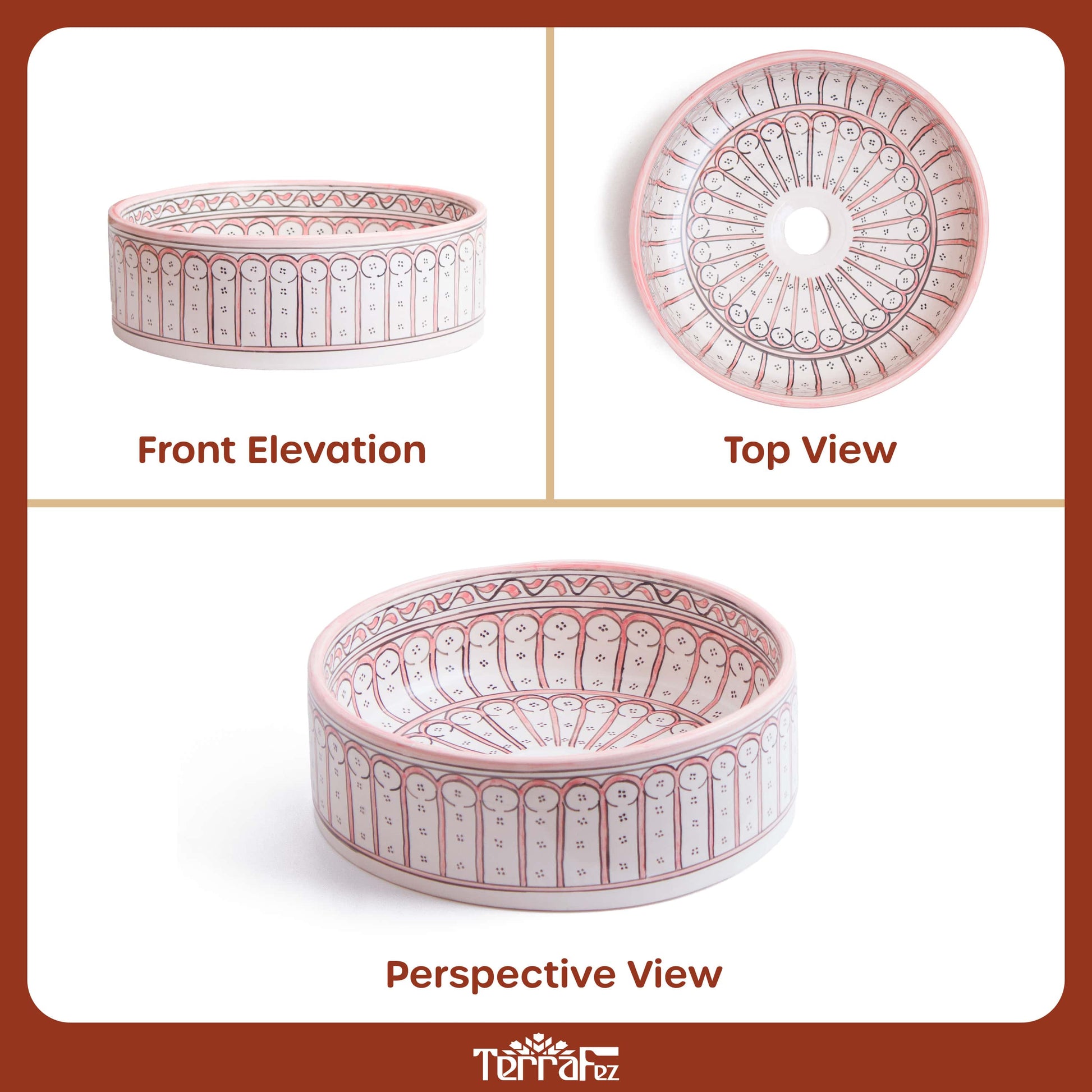 Comprehensive three-panel product photography showing front elevation, top view, and perspective view of round ceramic vessel sink