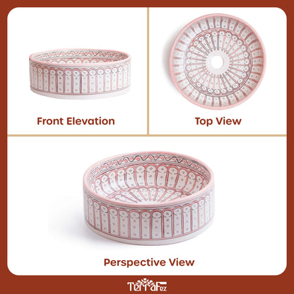 Comprehensive three-panel product photography showing front elevation, top view, and perspective view of round ceramic vessel sink