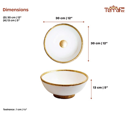 dimensions of handmade white ceramic bathroom sink, 30 cm | 12" in diameter, and 13 cm | 5" in height